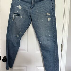 Express Blue Straight Leg Jeans with Distressed Details